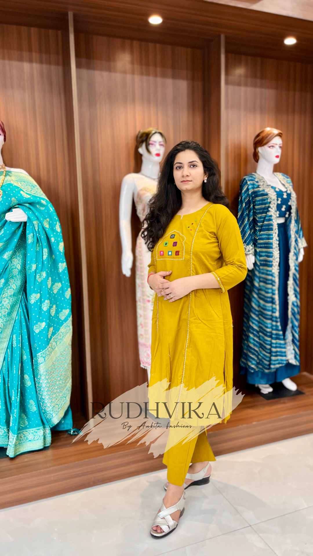Mustard Mirror Work Cotton Kurti & Pant Set