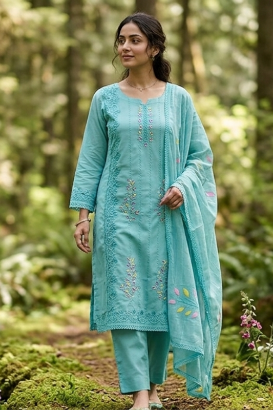 Women’s Embroidered Unstitched Cotton Suit Set with Dupatta