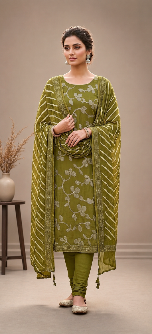 Olive Green Cotton Printed Unstitched Suit Set with Dupatta