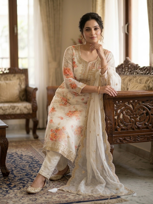RUDHVIKA Satin Crepe Stitched Salwar Suit with Mirror Work & Organza Dupatta