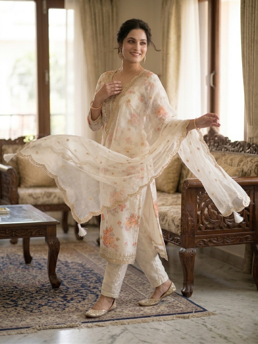 RUDHVIKA Satin Crepe Stitched Salwar Suit with Mirror Work & Organza Dupatta