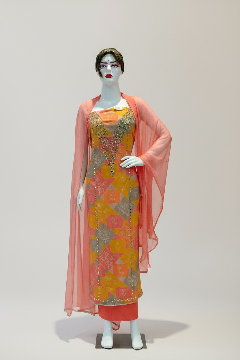 Glass Organza Unstitched Suit with Chiffon Dupatta