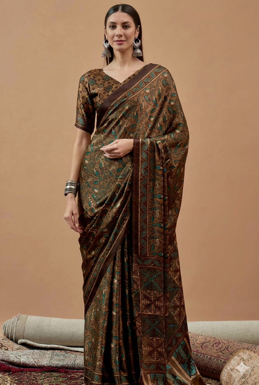 Elegant Brown & Teal Printed Modal Satin Saree with Tassels – Rich Ethnic Drape | RUDHVIKA By Ankita Fashions