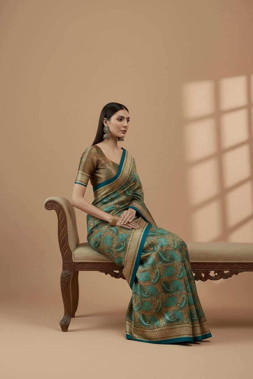 Elegant Teal & Gold Printed Modal Satin Saree with Tassels – Royal Ethnic Drape | RUDHVIKA By Ankita Fashions