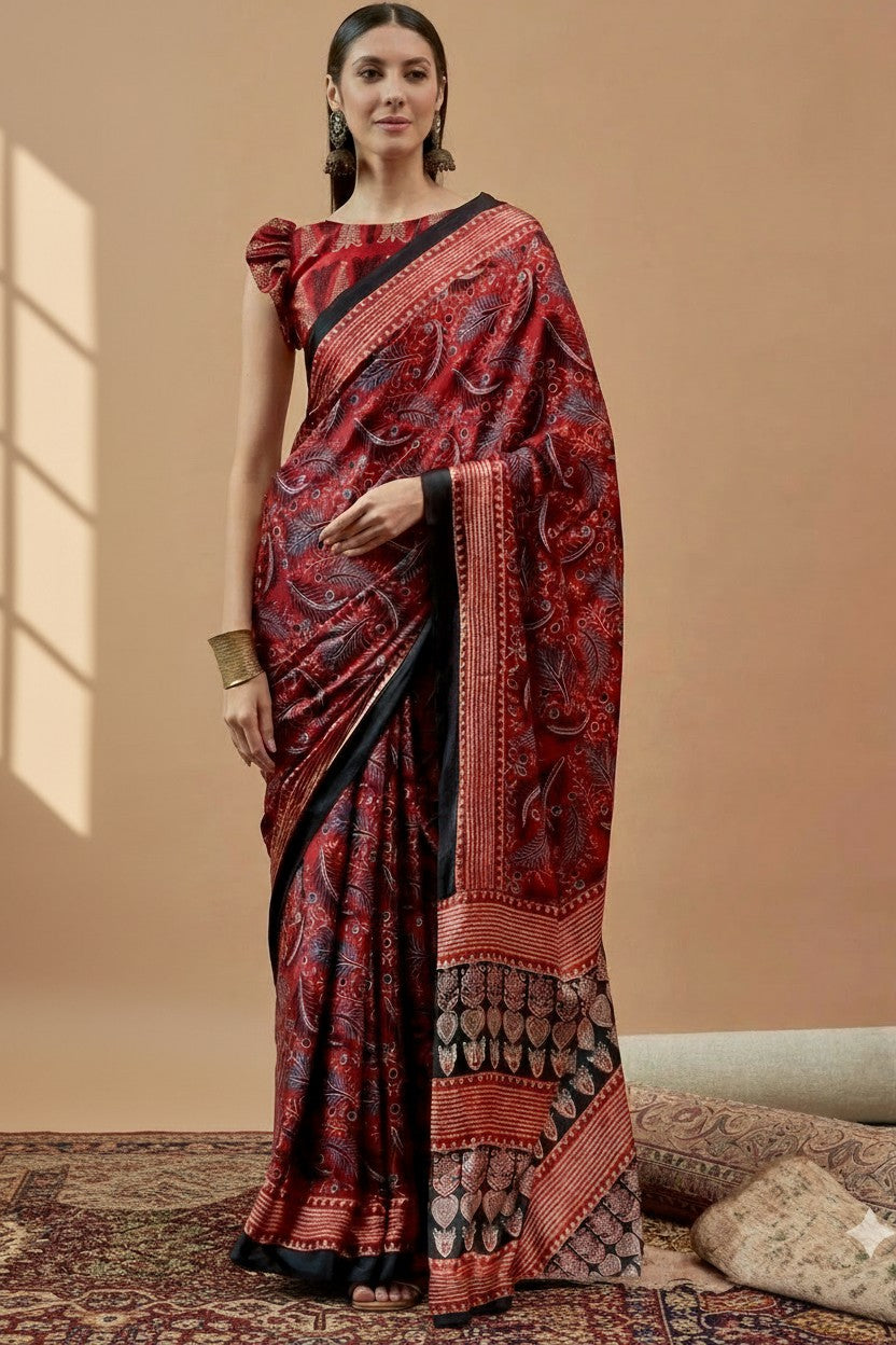 Elegant Maroon Printed Modal Satin Saree with Tassels – Festive Grace | RUDHVIKA By Ankita Fashions