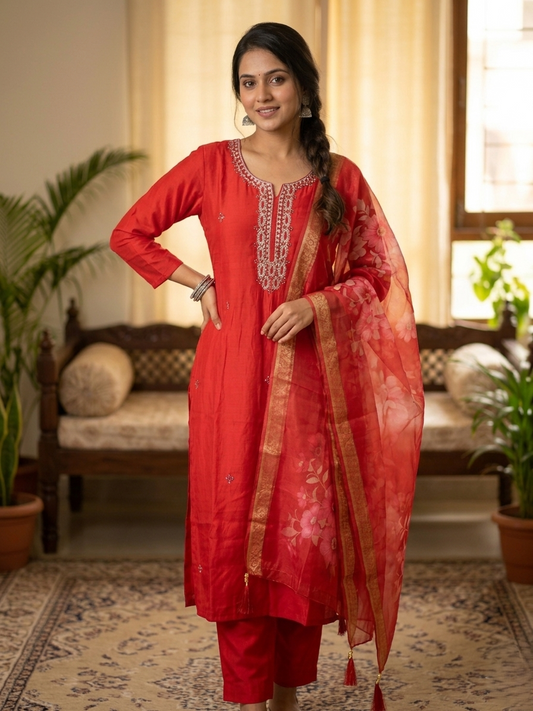 Red Modal Silk Hand-Embroidered Kurta Set with Organza Dupatta and Side Pocket