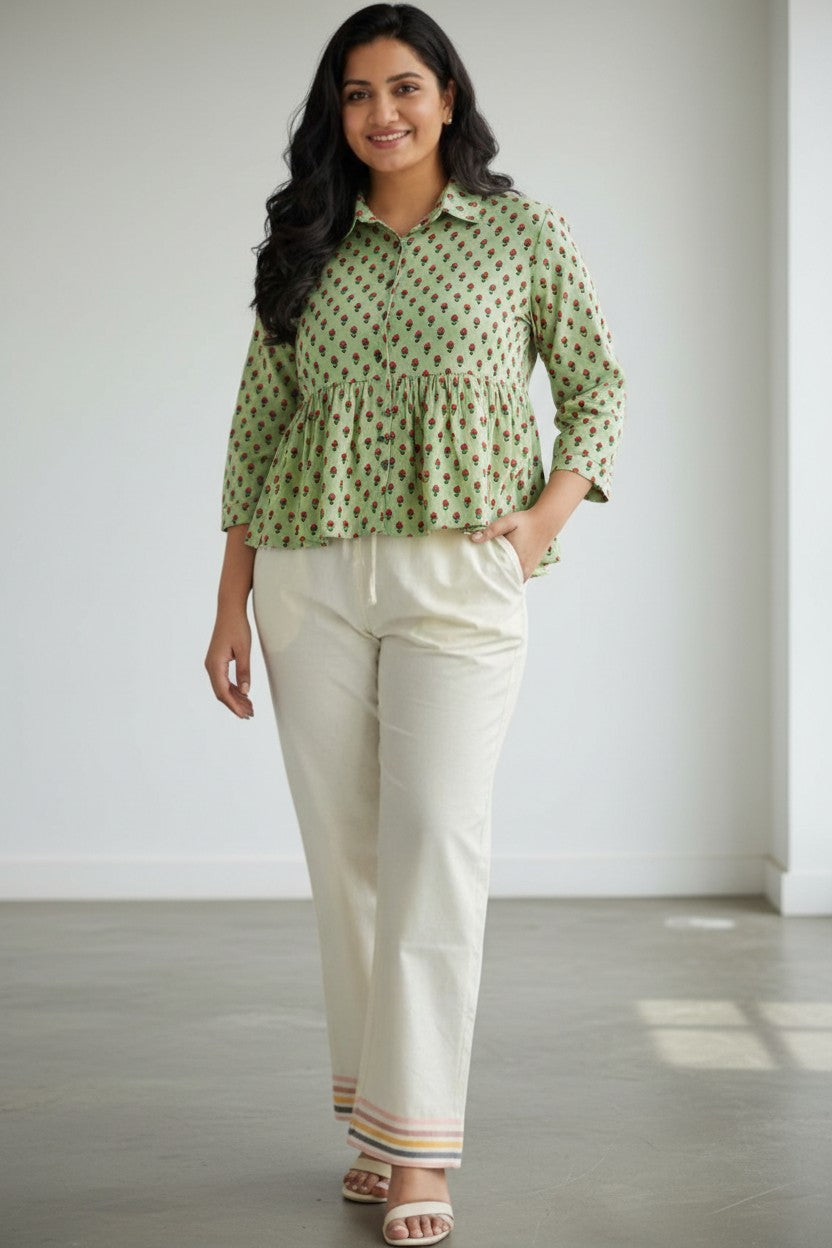 Green Printed Peplum Kurti with Collar Neck –XXXL