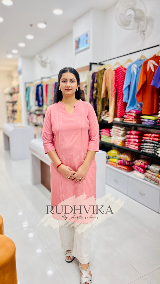 Blush Pink Premium Cotton Kurti with Front Threadline Detailing