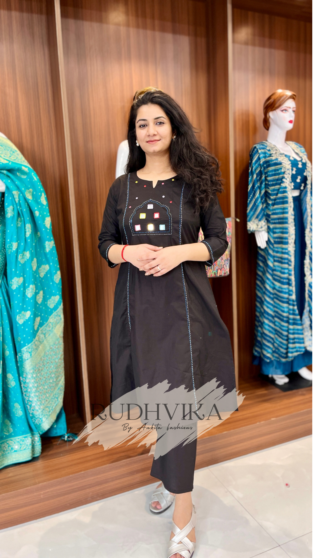 Midnight Black Mirror Work Cotton Kurti & Pant Set