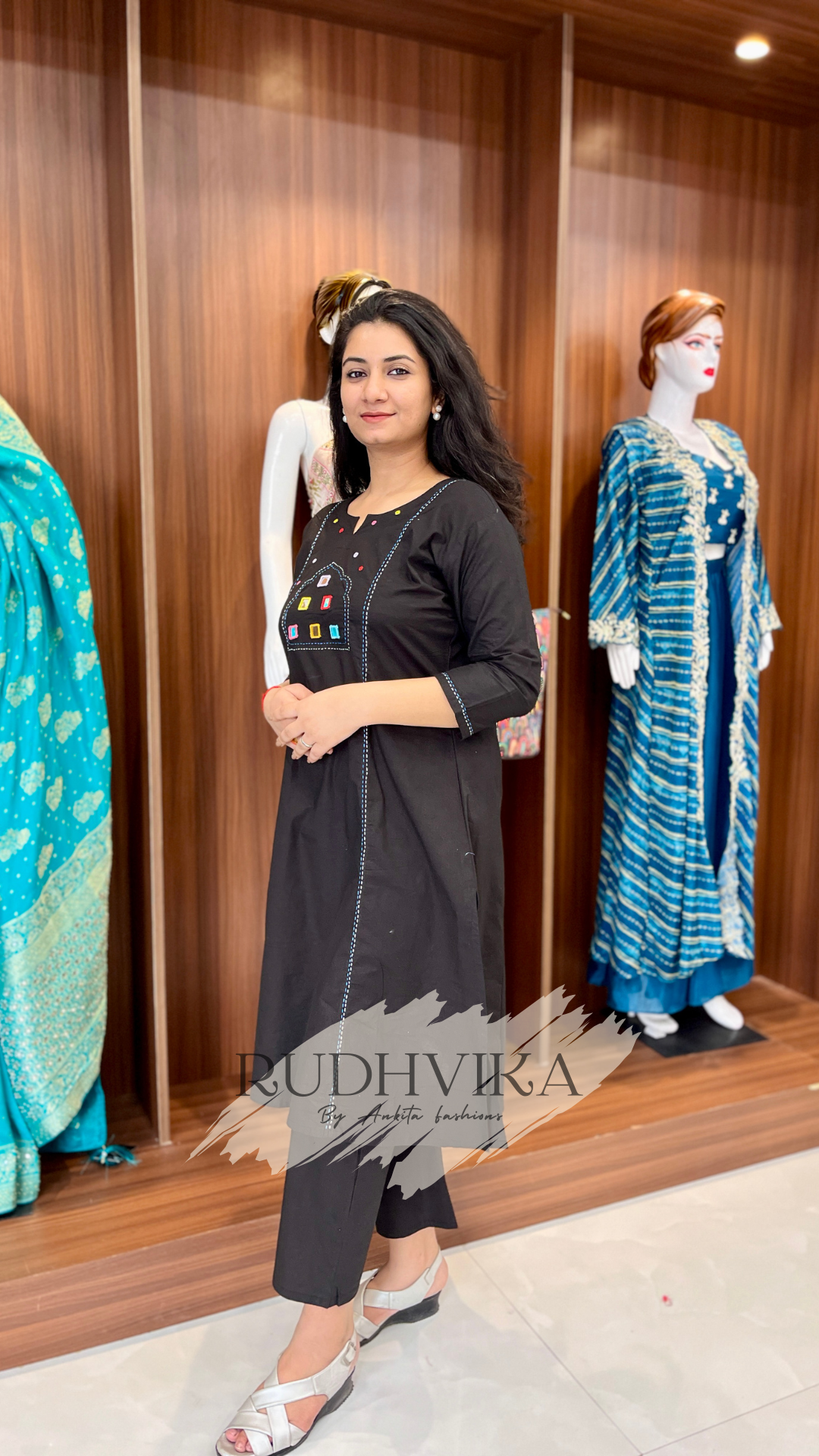Midnight Black Mirror Work Cotton Kurti & Pant Set