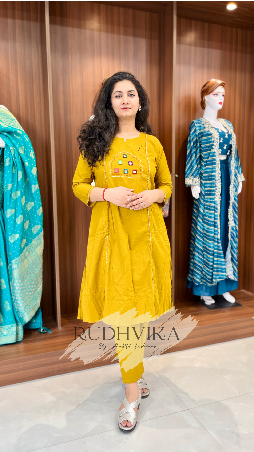 Mustard Mirror Work Cotton Kurti & Pant Set