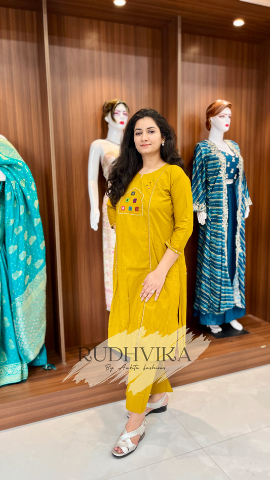 Mustard Mirror Work Cotton Kurti & Pant Set