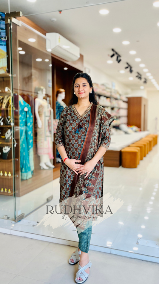 Traditional Ajrak Printed Cotton Kurta Set (3 Piece) – Brown
