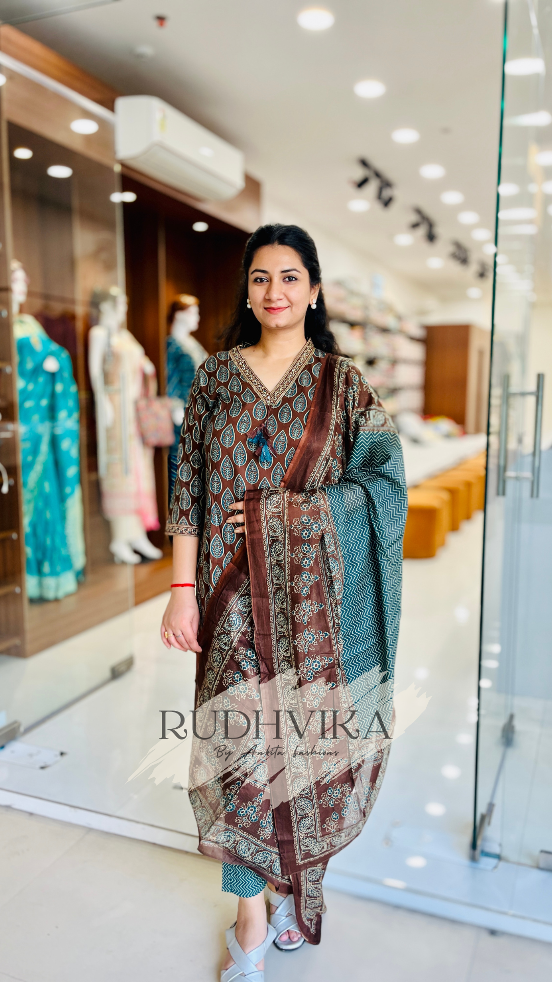 Traditional Ajrak Printed Cotton Kurta Set (3 Piece) – Brown