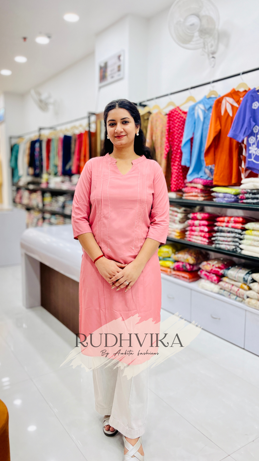 Blush Pink Premium Cotton Kurti with Front Threadline Detailing