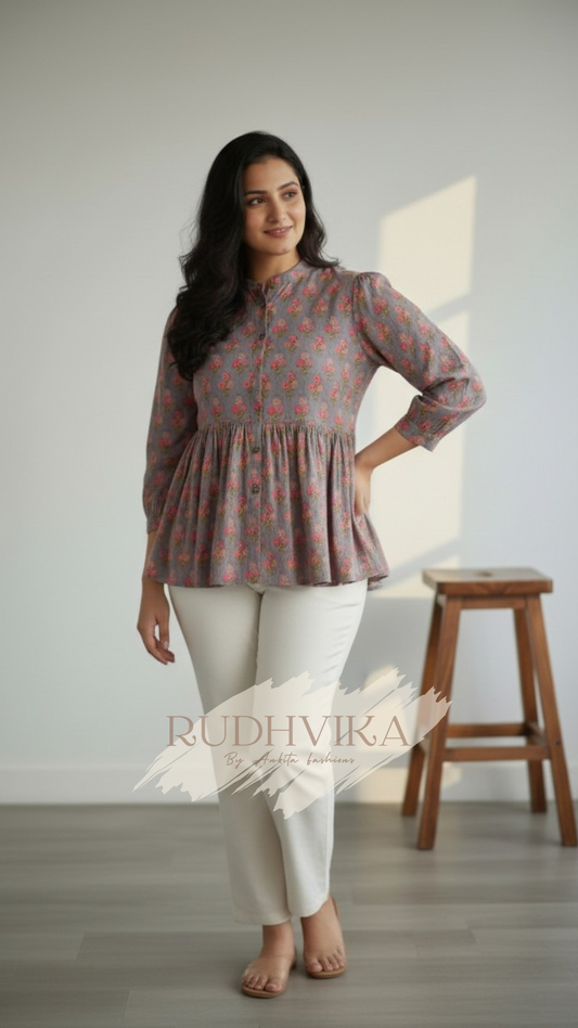 Elegant Floral Printed Peplum Kurti – XXXL
