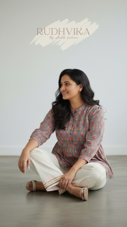 Elegant Floral Printed Peplum Kurti – XXXL