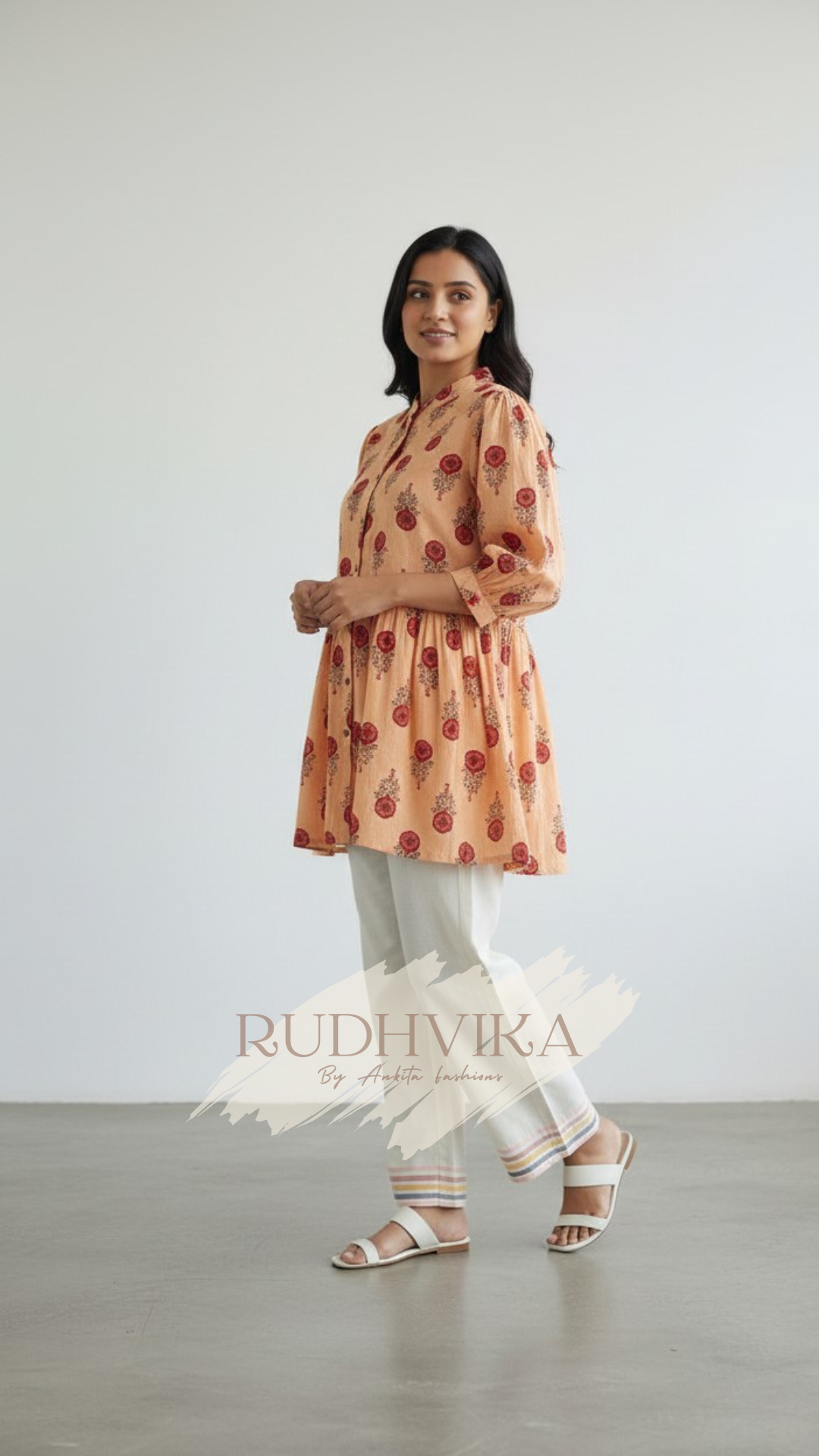 Peach Floral Printed Peplum Kurti – XXXL