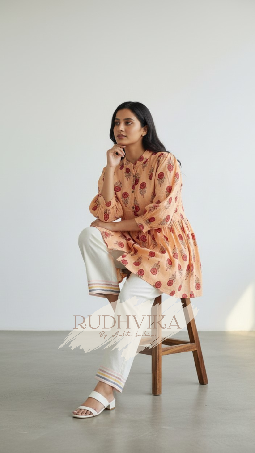 Peach Floral Printed Peplum Kurti – XXXL