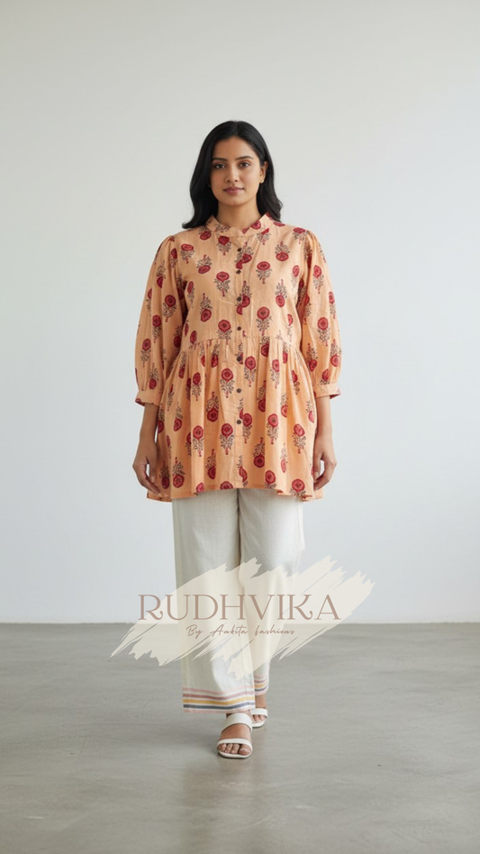 Peach Floral Printed Peplum Kurti – XXXL
