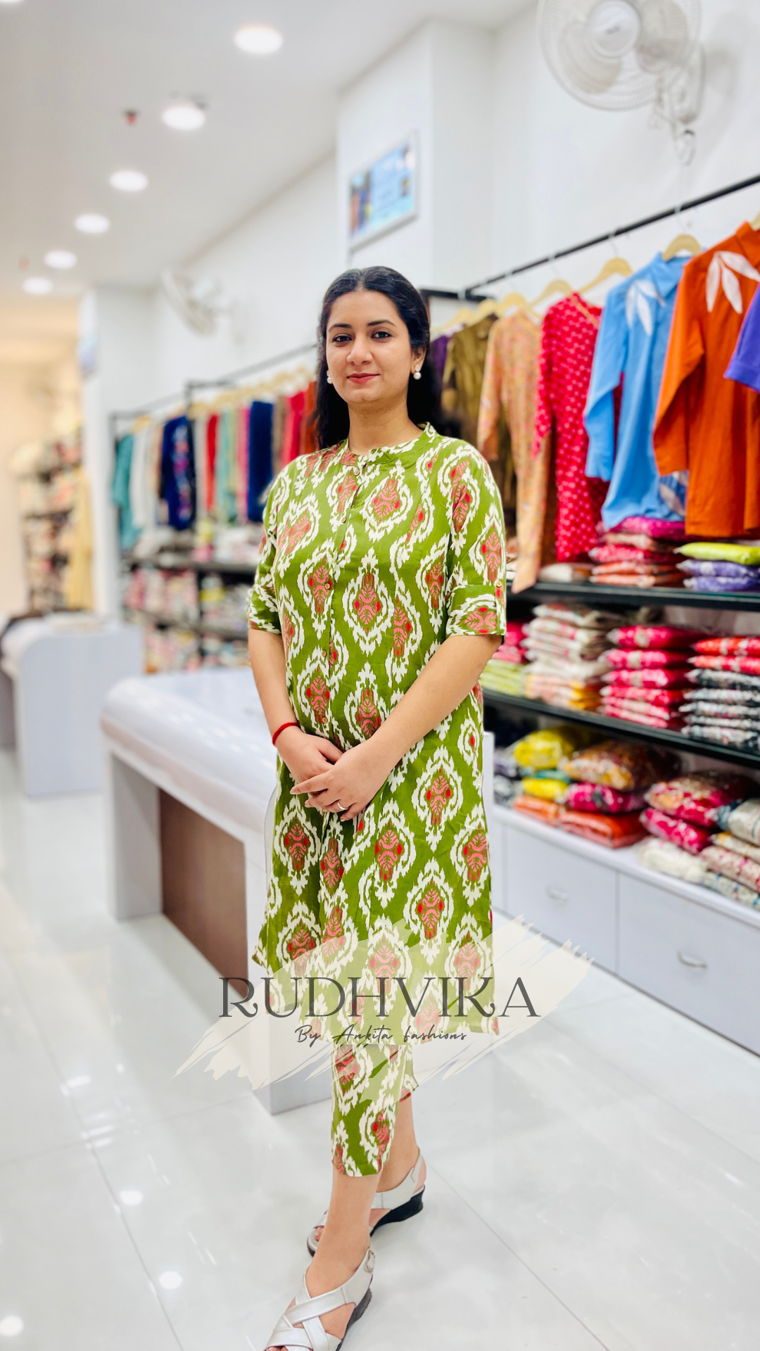 RUDHVIKA Green Ikat Cotton Kurti Pant Set