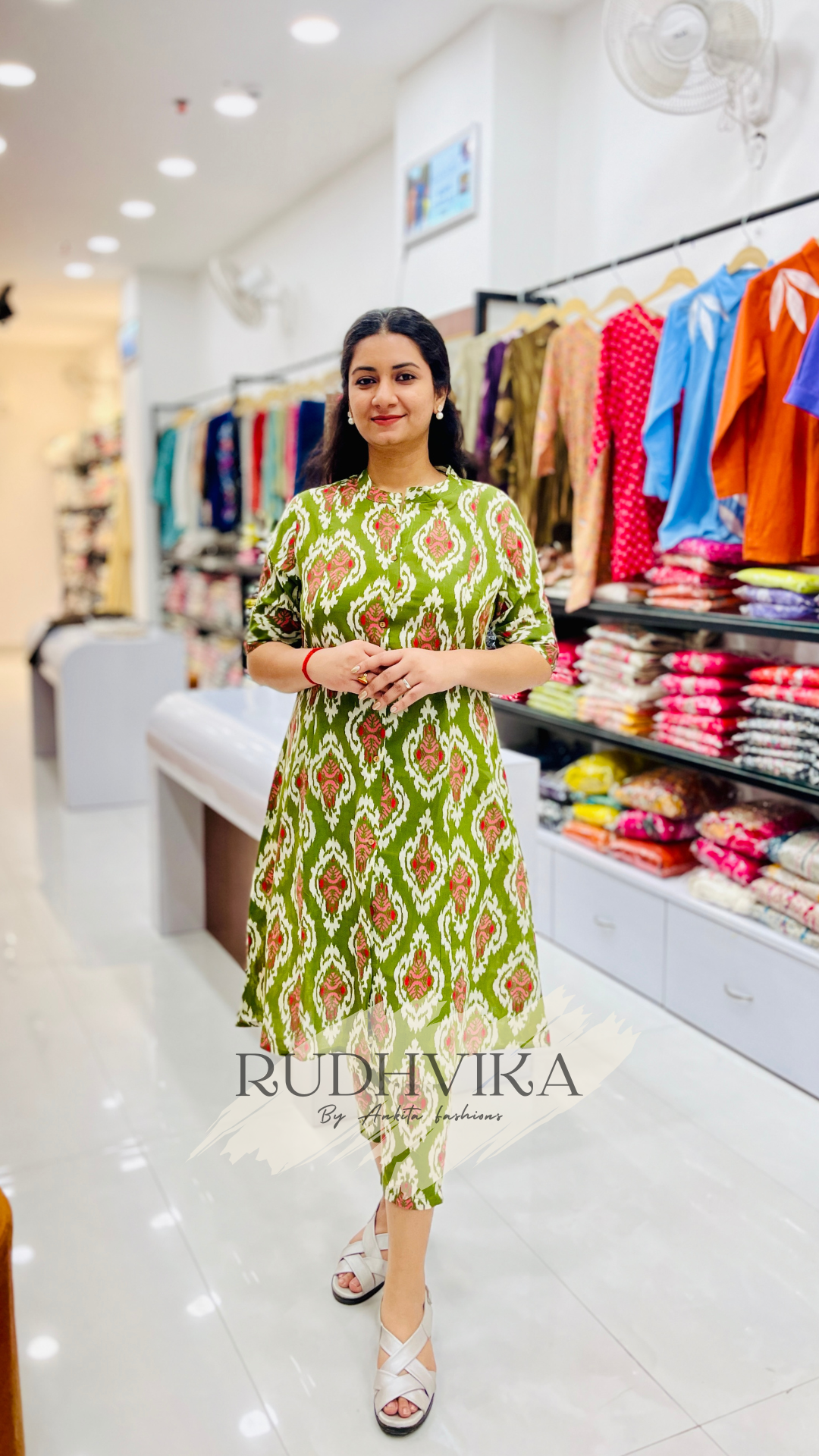 RUDHVIKA Green Ikat Cotton Kurti Pant Set