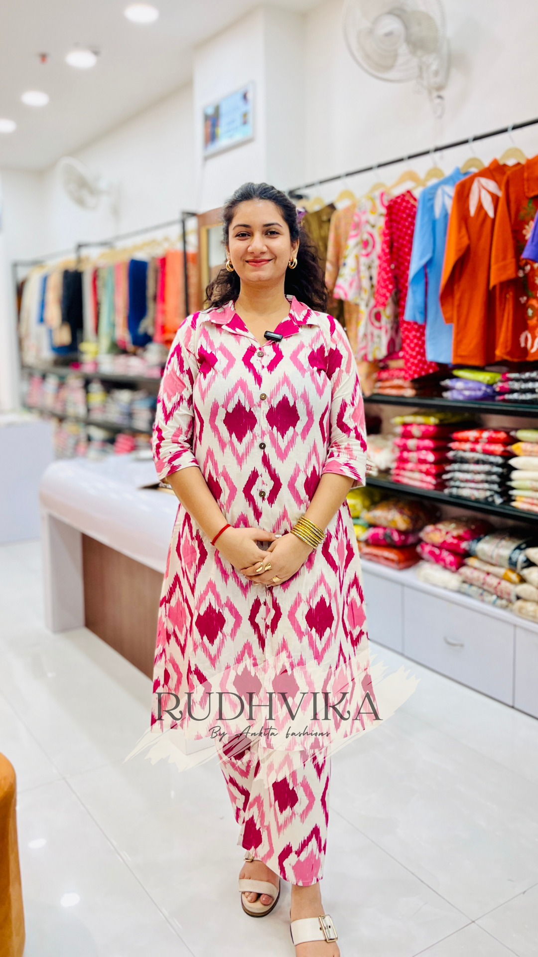 RUDHVIKA Pink Ikat Printed Cotton Kurta Set