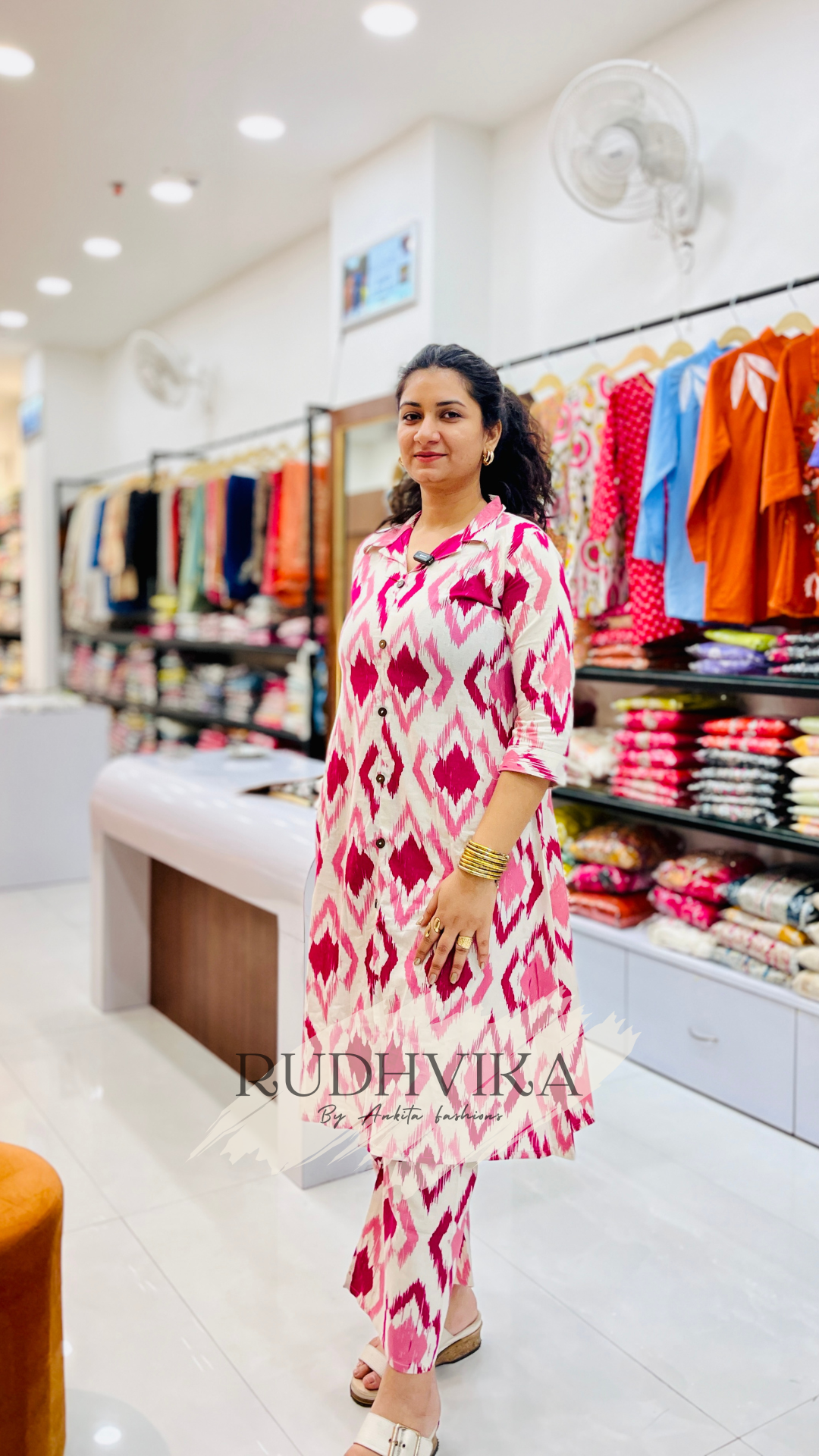 RUDHVIKA Pink Ikat Printed Cotton Kurta Set