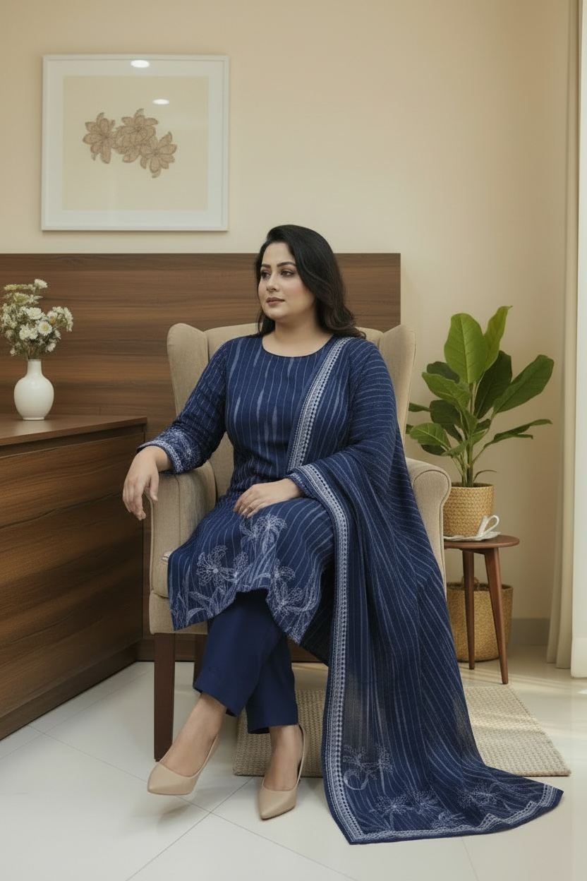 Plus Size Navy Blue Chinon Suit Set with Dupatta | Elegant Ethnic Wear for Women (4XL–5XL)