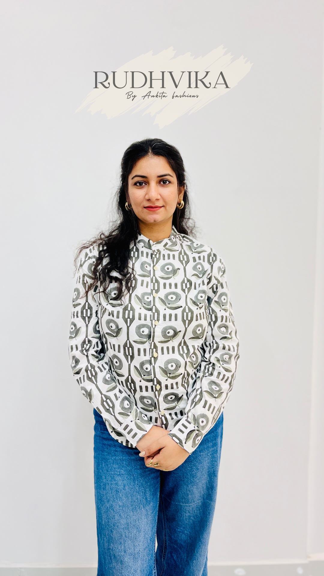 Women’s Cotton Printed Shirt – Geometric Mandarin Collar Shirt
