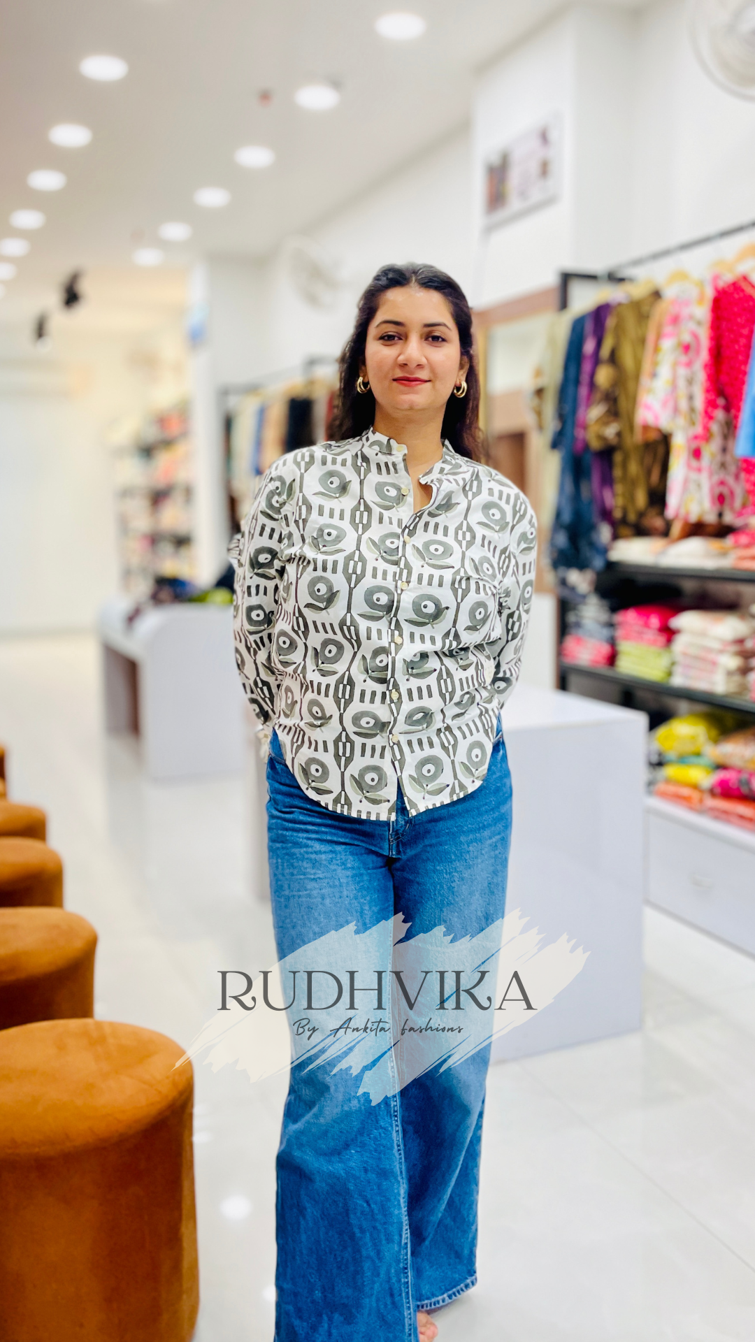 Women’s Cotton Printed Shirt – Geometric Mandarin Collar Shirt