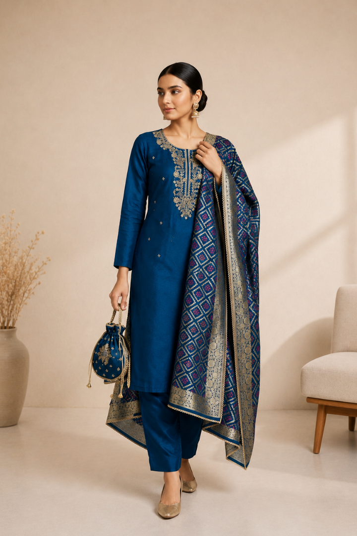 Designer Unstitched Chanderi Silk Suit with Dabka Work & Dola Silk Garchola Dupatta for Women