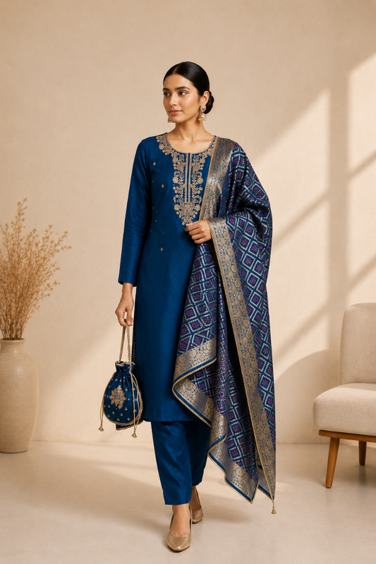 Designer Unstitched Chanderi Silk Suit with Dabka Work & Dola Silk Garchola Dupatta for Women