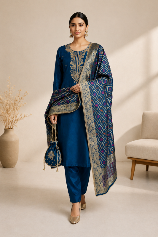 Designer Unstitched Chanderi Silk Suit with Dabka Work & Dola Silk Garchola Dupatta for Women