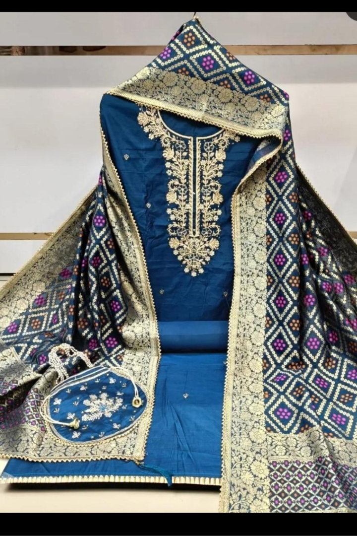 Designer Unstitched Chanderi Silk Suit with Dabka Work & Dola Silk Garchola Dupatta for Women