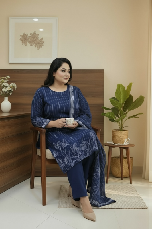 Plus Size Navy Blue Chinon Suit Set with Dupatta | Elegant Ethnic Wear for Women (4XL–5XL)