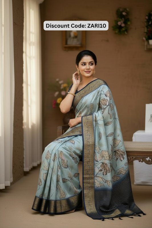 Elegant Navy Blue & Pastel Floral Printed Saree with Rich Zari Border | Festive Wear Saree