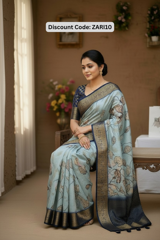 Elegant Navy Blue & Pastel Floral Printed Saree with Rich Zari Border | Festive Wear Saree