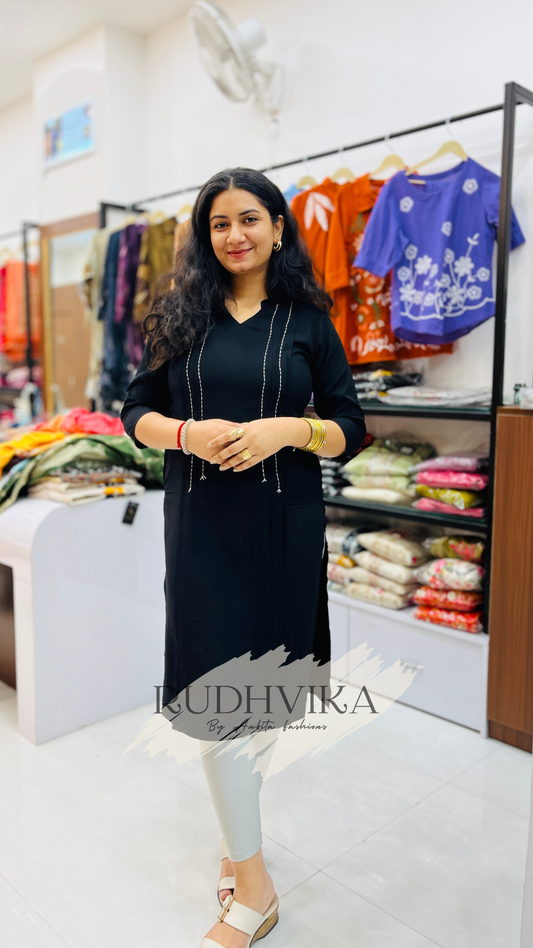Graceful Black Kurti with Subtle White Stitch Accents