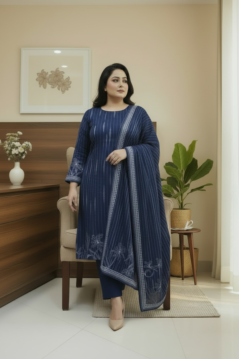 Plus Size Navy Blue Chinon Suit Set with Dupatta | Elegant Ethnic Wear for Women (4XL–5XL)