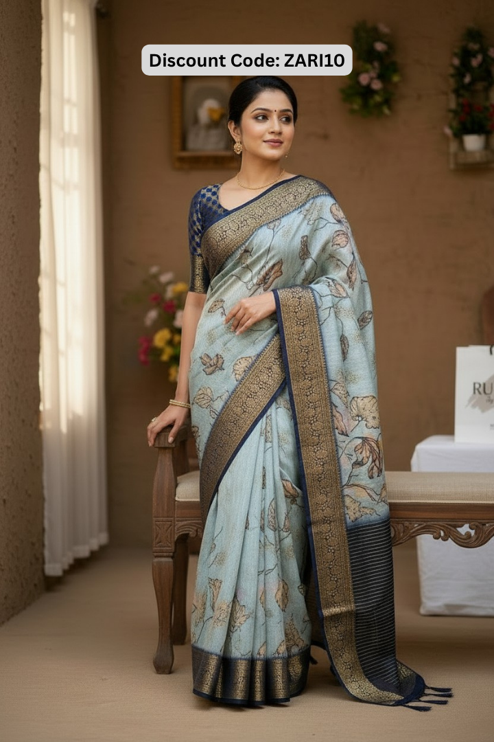 Elegant Navy Blue & Pastel Floral Printed Saree with Rich Zari Border | Festive Wear Saree