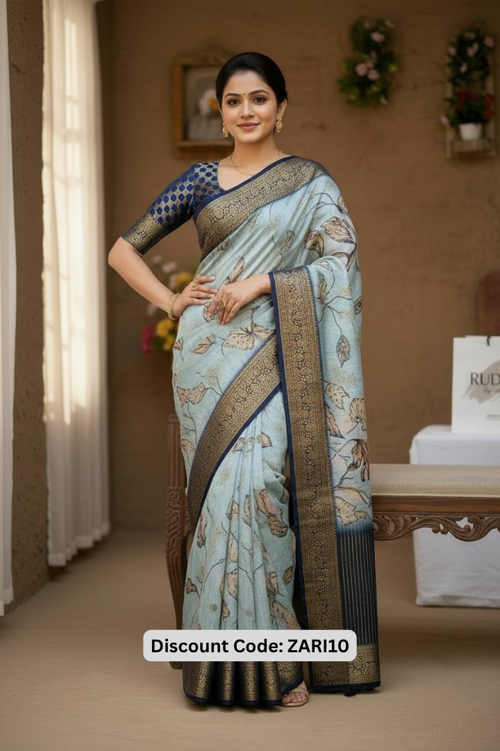 Elegant Navy Blue & Pastel Floral Printed Saree with Rich Zari Border | Festive Wear Saree