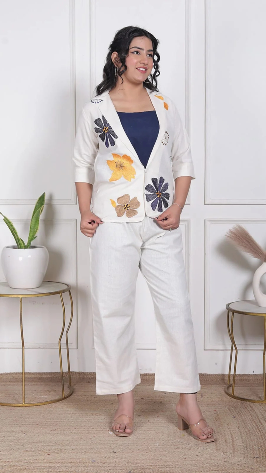 White Khadi Cotton Floral Embroidered Jacket Style Co-Ord Set
