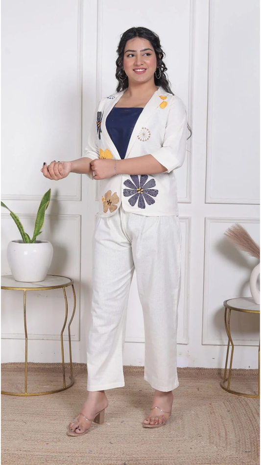 White Khadi Cotton Floral Embroidered Jacket Style Co-Ord Set