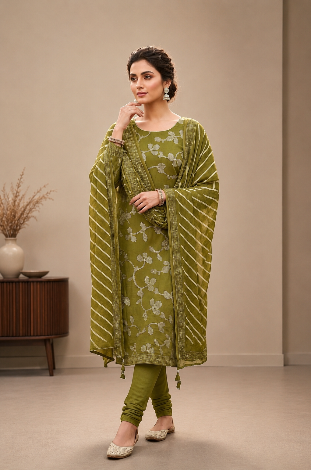 Olive Green Cotton Printed Unstitched Suit Set with Dupatta