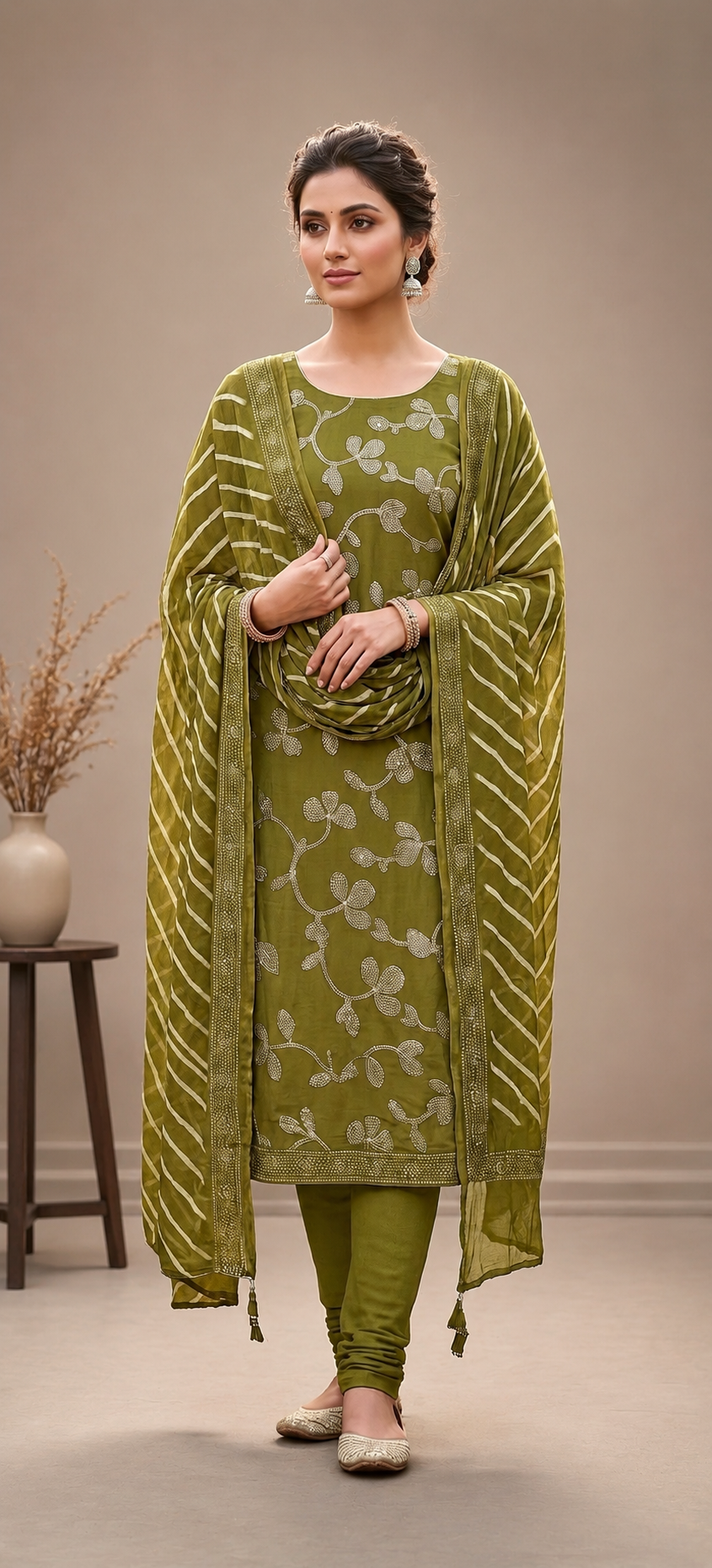Olive Green Cotton Printed Unstitched Suit Set with Dupatta