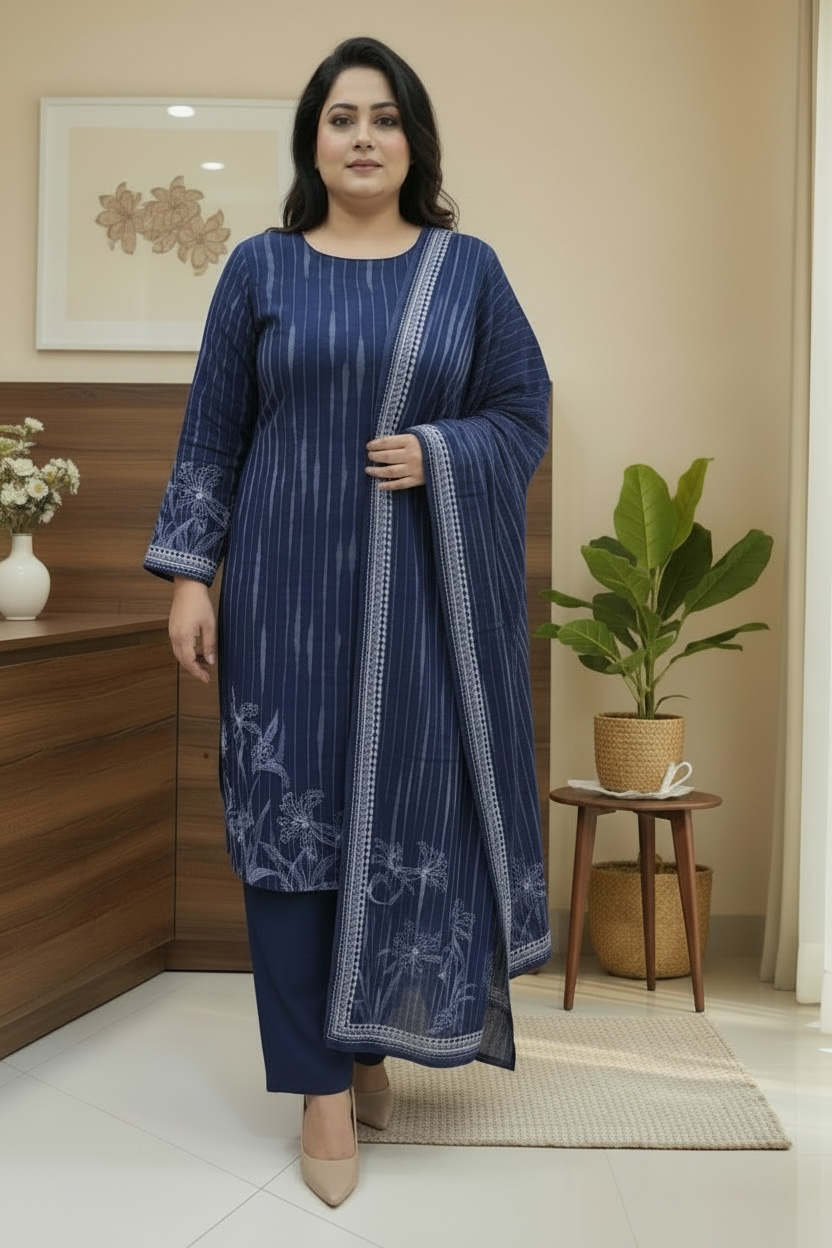 Plus Size Navy Blue Chinon Suit Set with Dupatta | Elegant Ethnic Wear for Women (4XL–5XL)