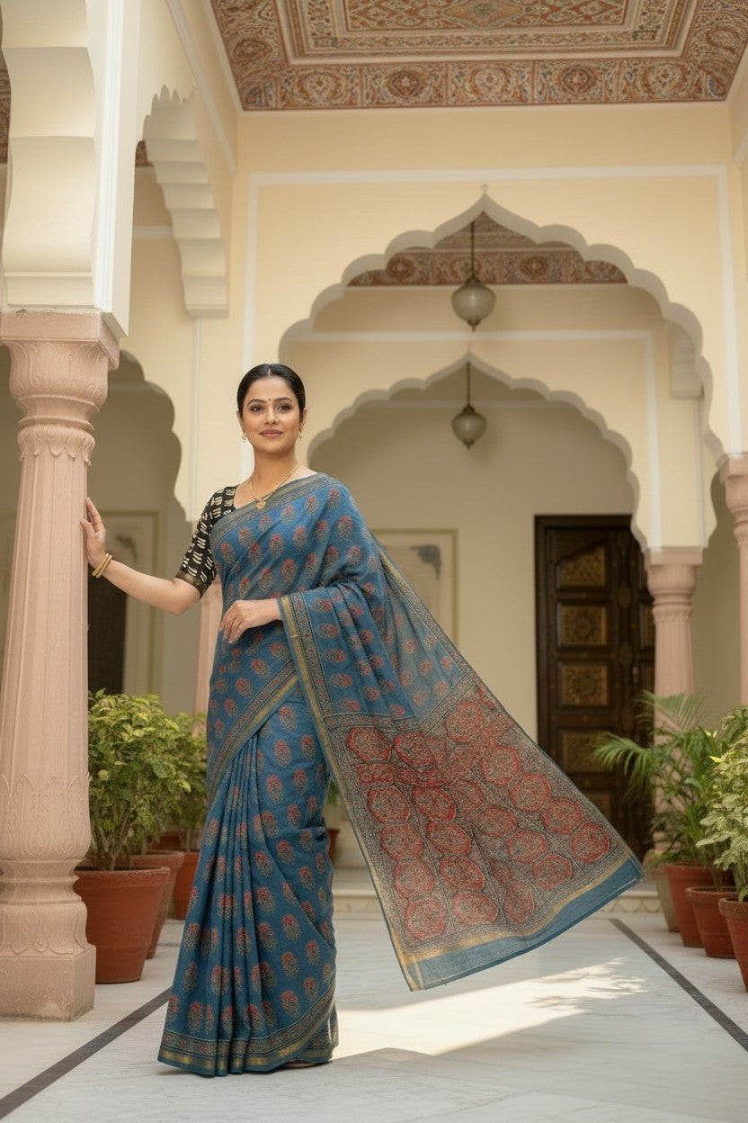 Ajrak Print Cotton Saree with Blouse Piece