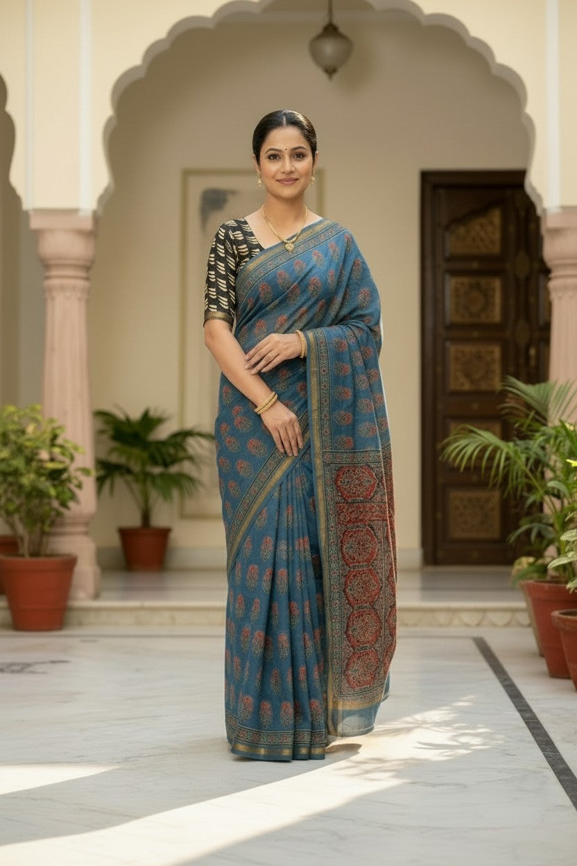 Ajrak Print Cotton Saree with Blouse Piece