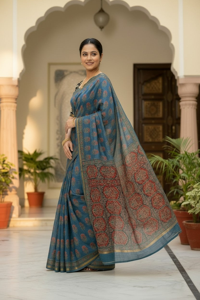 Ajrak Print Cotton Saree with Blouse Piece